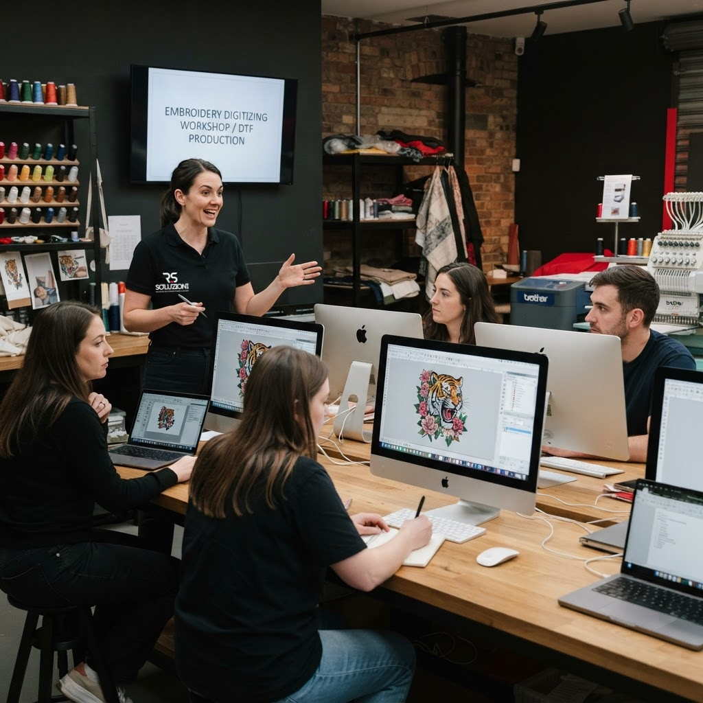 Docente RS Soluzioni durante un corso di digitalizzazione ricamo e grafica per la stampa DTF